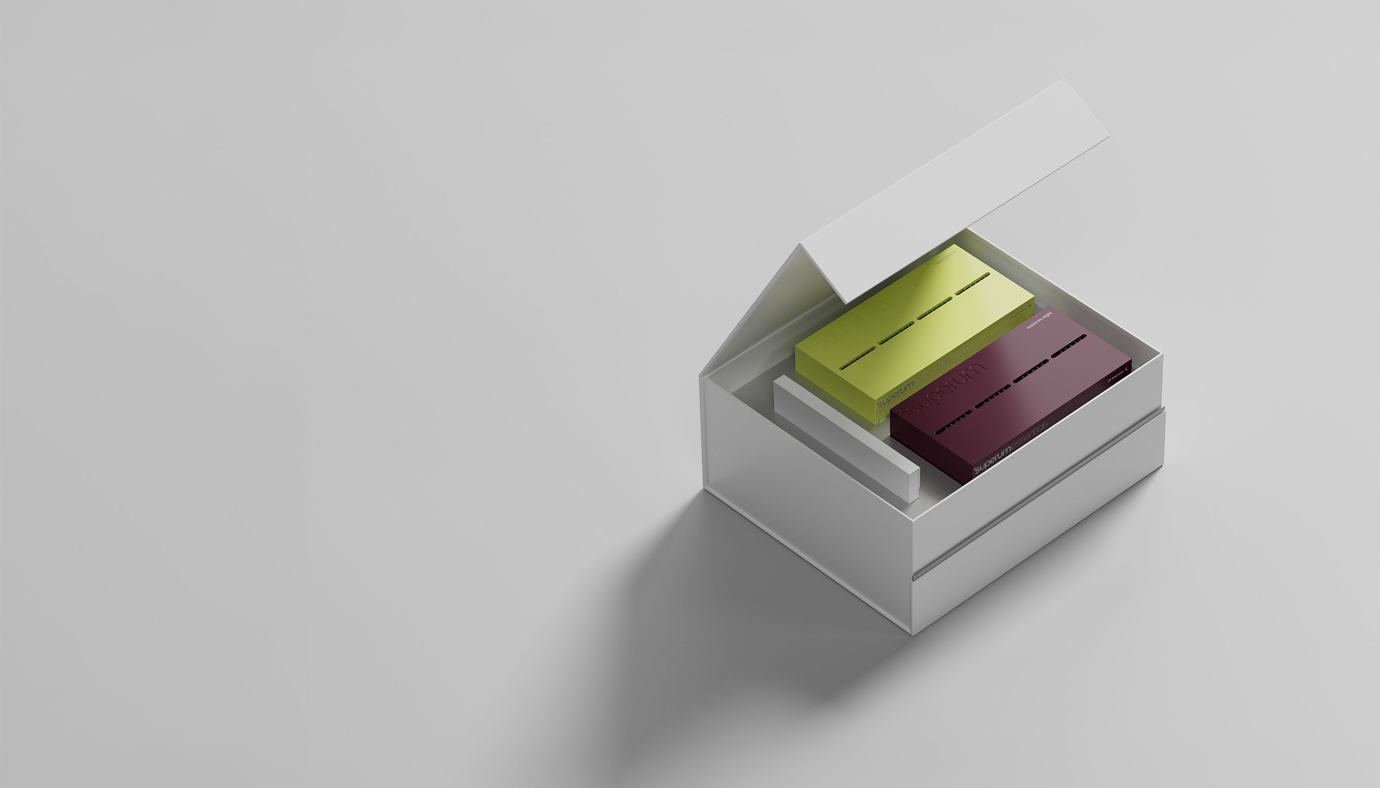 Geöffnete superum Produktbox mit Zwei-Phasen-System
